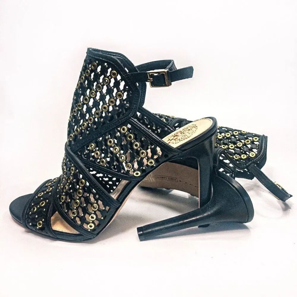 Vince Camuto Korthina Black Leather Lattice Gold Grommet Slingback Heels Sz 9.5M